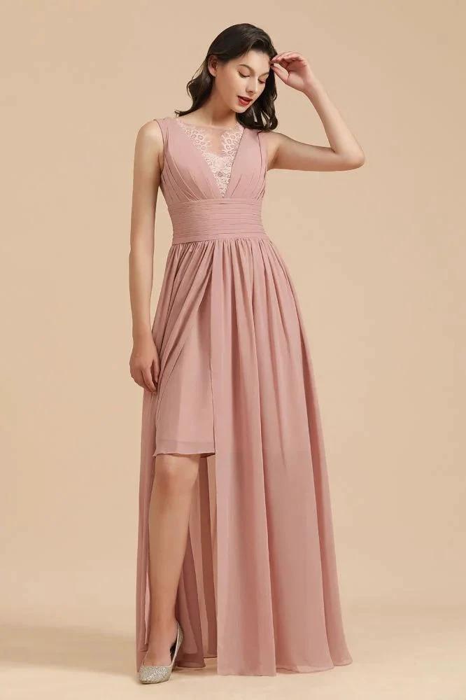 Elegant Dusty Pink Sleeveless Floral Lace Bridesmaid Dress Side Split Party Dress by misshow.com