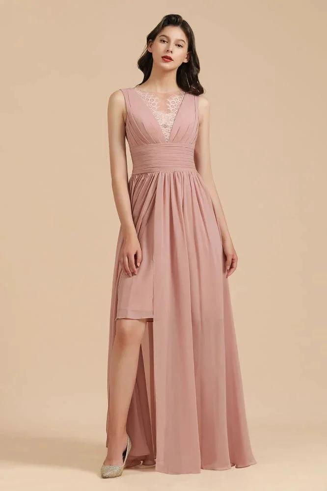 Elegant Dusty Pink Sleeveless Floral Lace Bridesmaid Dress Side Split Party Dress by misshow.com