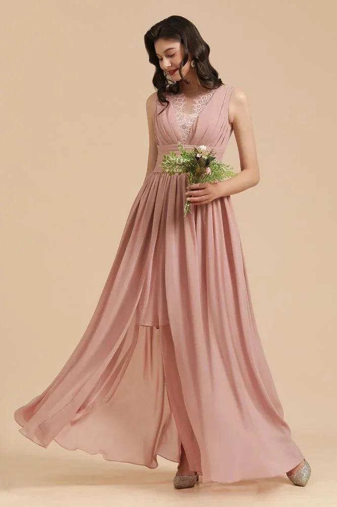Elegant Dusty Pink Sleeveless Floral Lace Bridesmaid Dress Side Split Party Dress by misshow.com