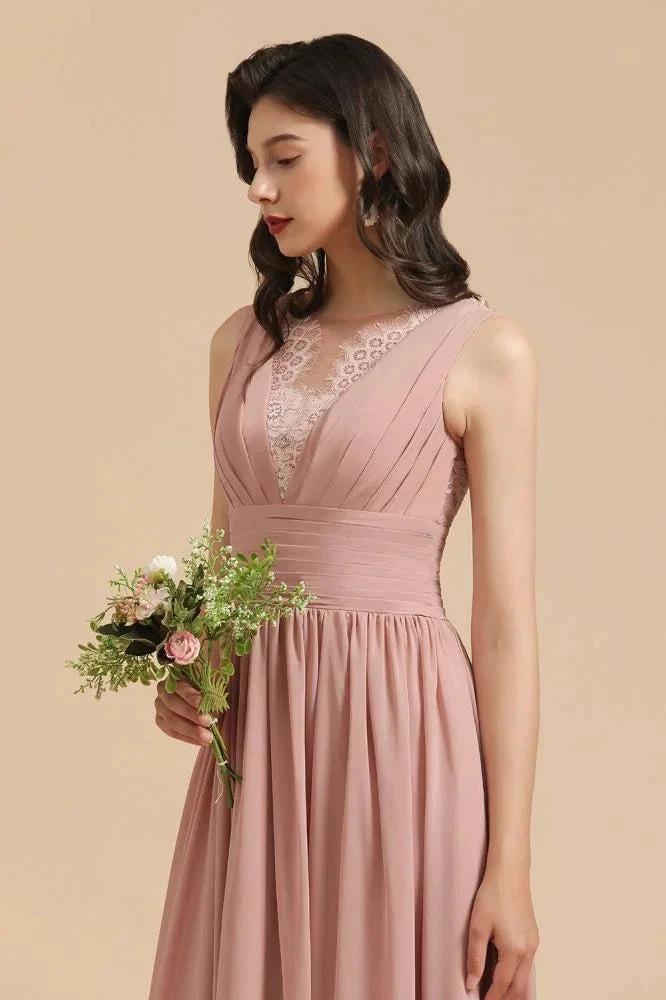 Elegant Dusty Pink Sleeveless Floral Lace Bridesmaid Dress Side Split Party Dress by misshow.com