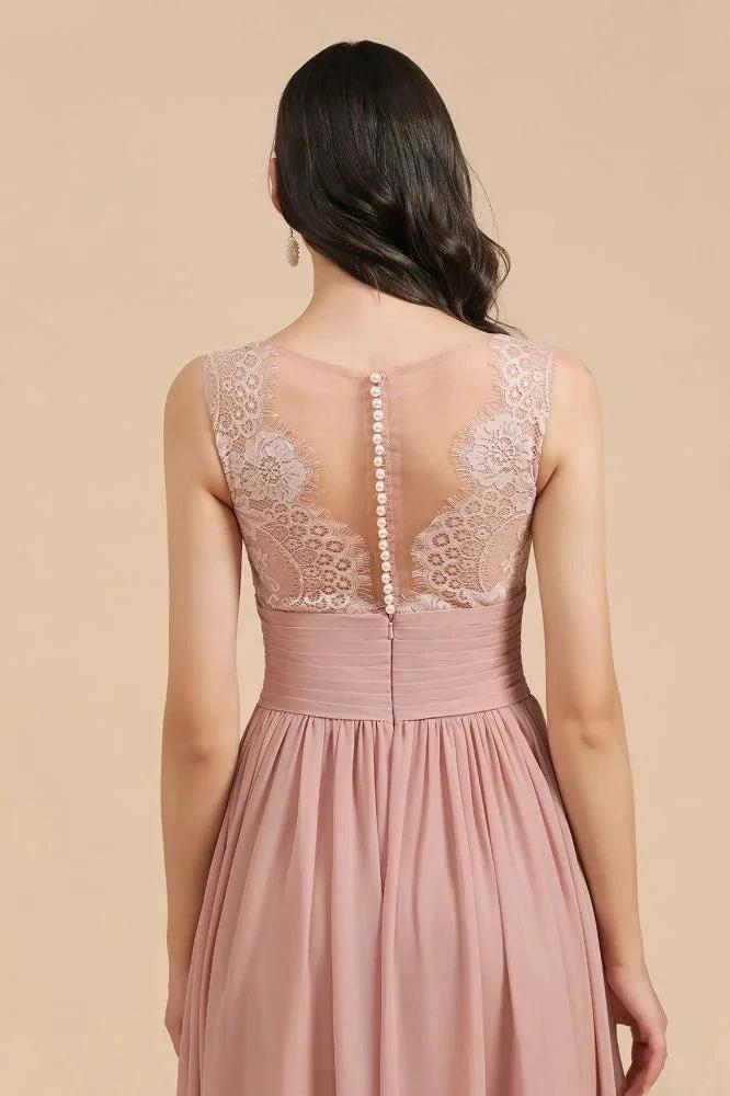 Elegant Dusty Pink Sleeveless Floral Lace Bridesmaid Dress Side Split Party Dress by misshow.com