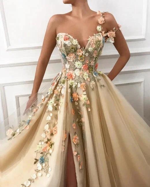 Elegant Evening Dress Long Sexy Sweetheart Front Slit Appliques Flowers Prom Dress by misshow.com