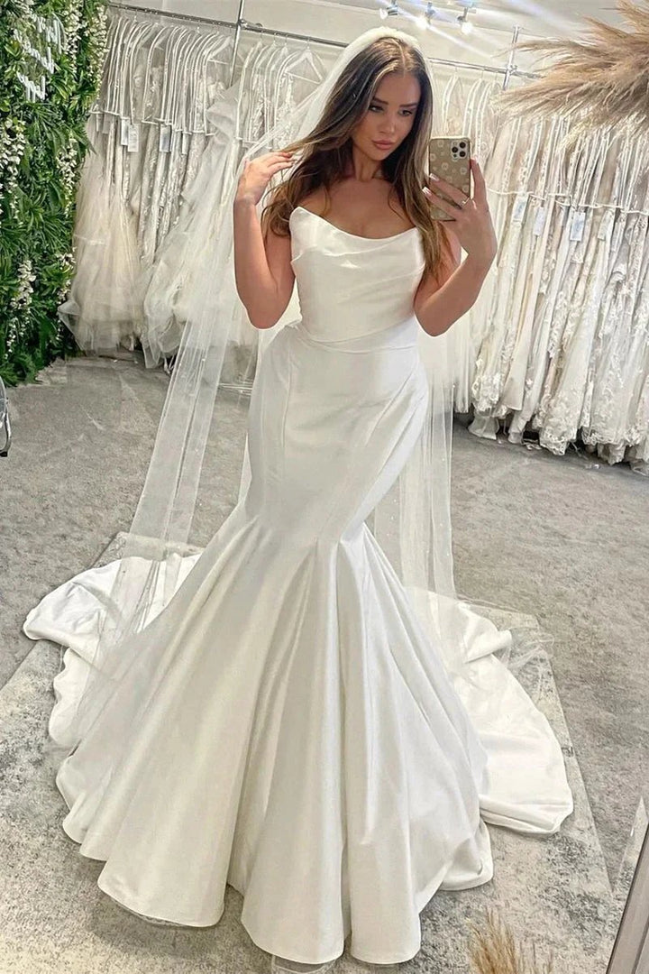 Elegant Floor Length Sleeveless Mermaid Satin Wedding Dress with Ruffles by misshow.com