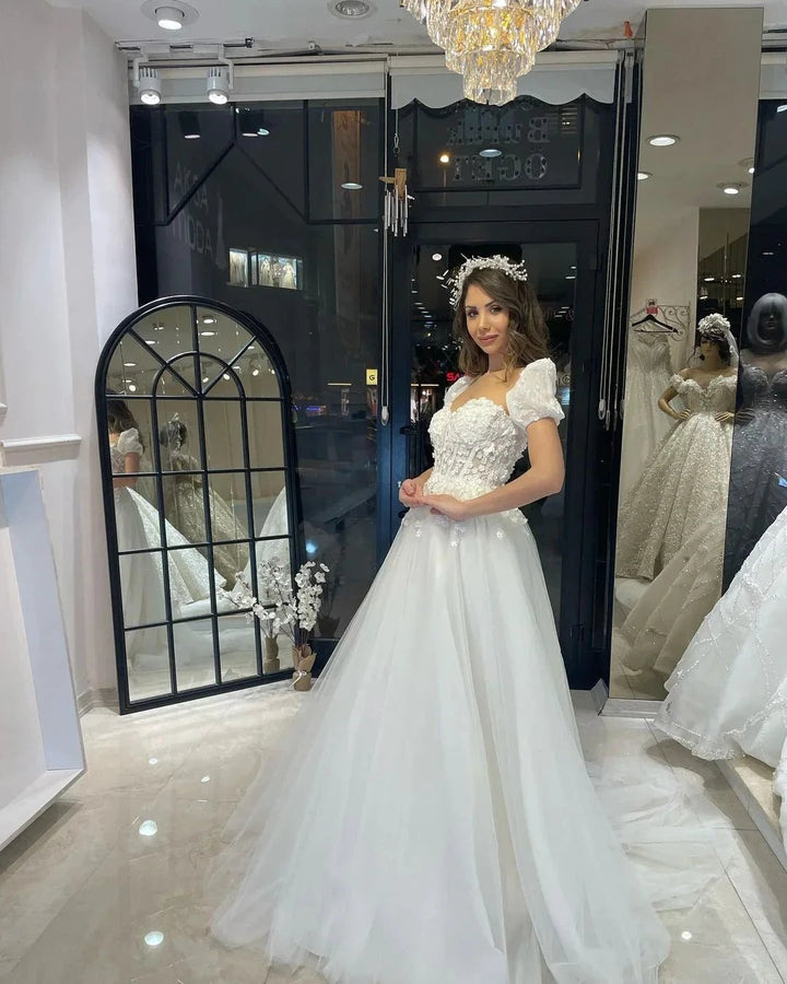 Elegant Floor Length Sweetheart Short Sleeves A-Line Tulle Wedding Dress by misshow.com