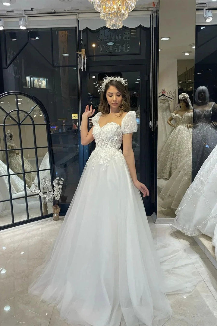 Elegant Floor Length Sweetheart Short Sleeves A-Line Tulle Wedding Dress by misshow.com