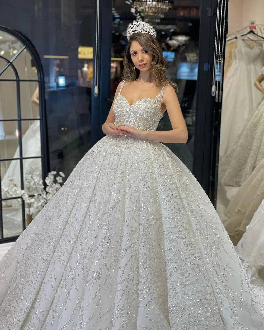Elegant Floor Length Sweetheart Sleeveless A-Line Sequined Wedding Dress with Ruffles by misshow.com