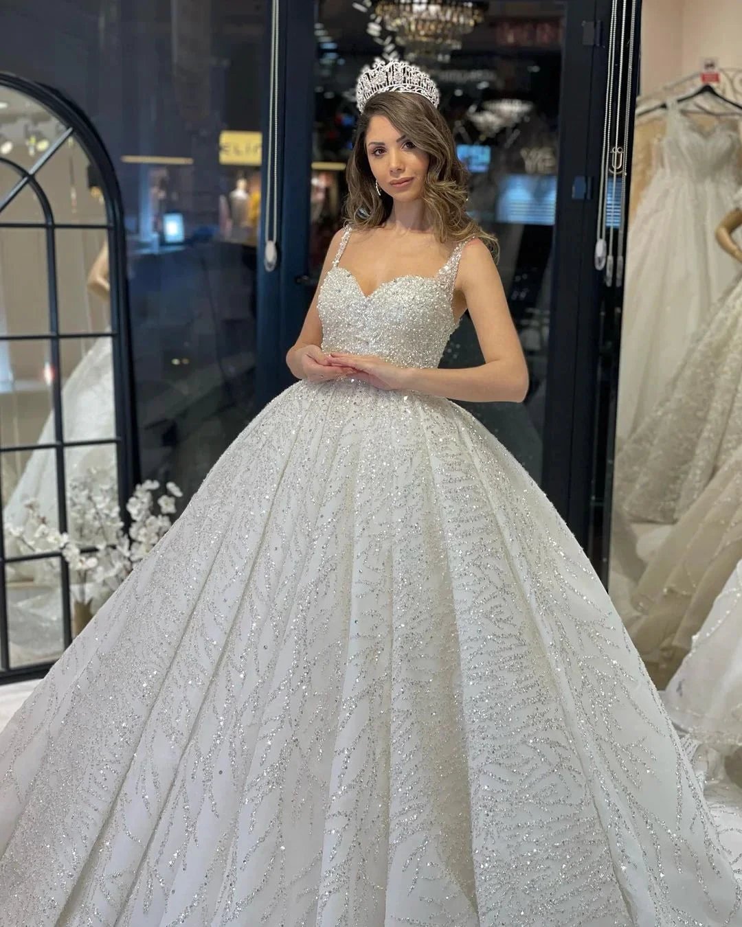 Elegant Floor Length Sweetheart Sleeveless A-Line Sequined Wedding Dress with Ruffles by misshow.com