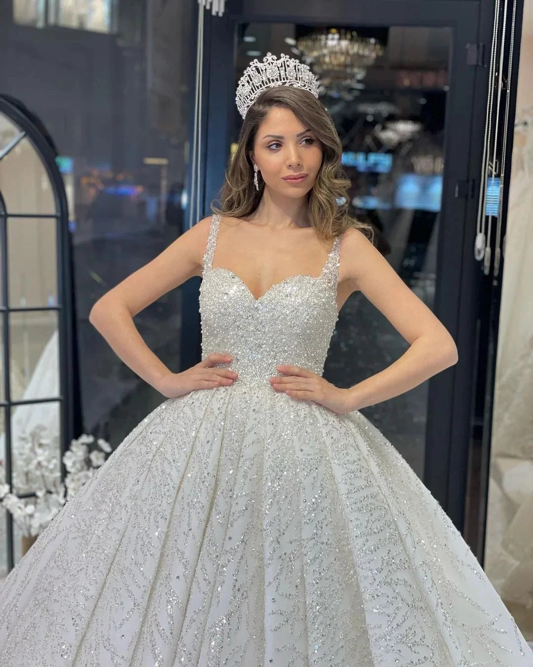 Elegant Floor Length Sweetheart Sleeveless A-Line Sequined Wedding Dress with Ruffles by misshow.com