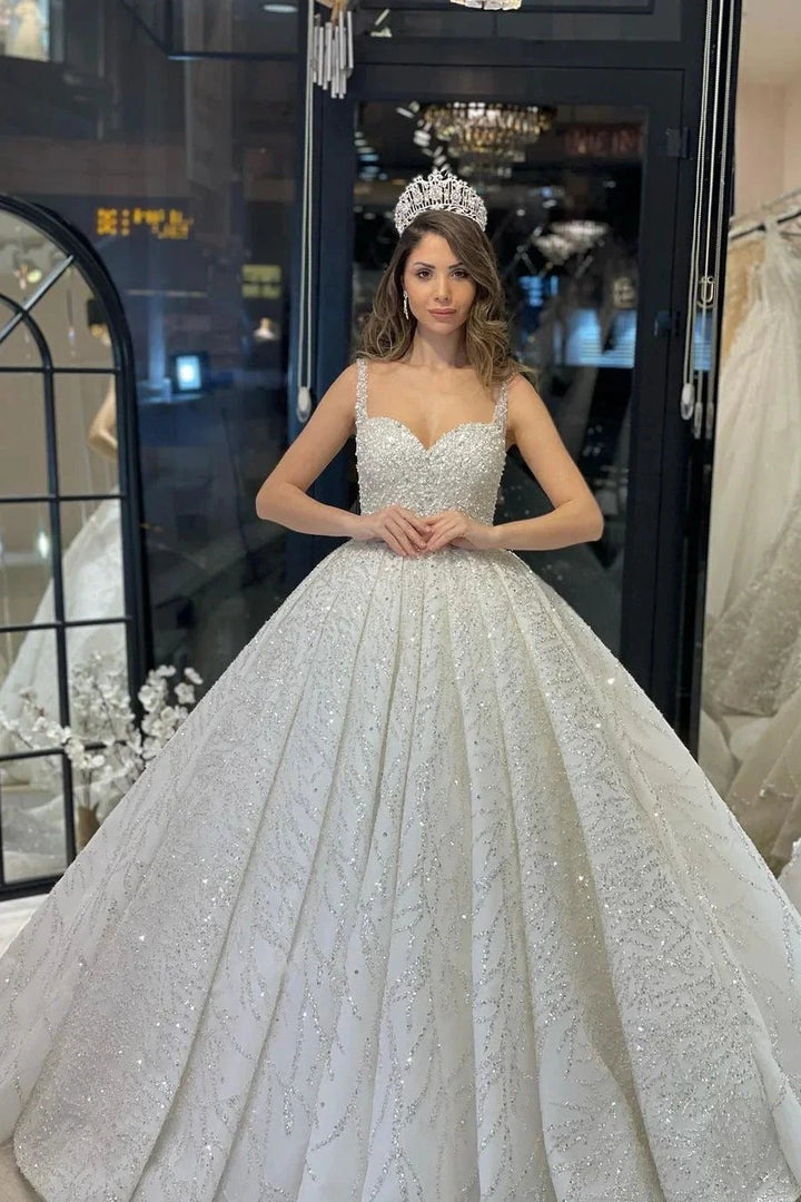 Elegant Floor Length Sweetheart Sleeveless A-Line Sequined Wedding Dress with Ruffles by misshow.com