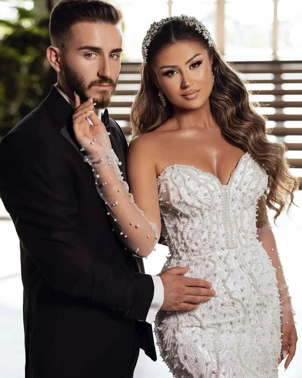 Elegant Floor Length Sweetheart Sleeveless Mermaid Lace Wedding Dress with Beads by misshow.com