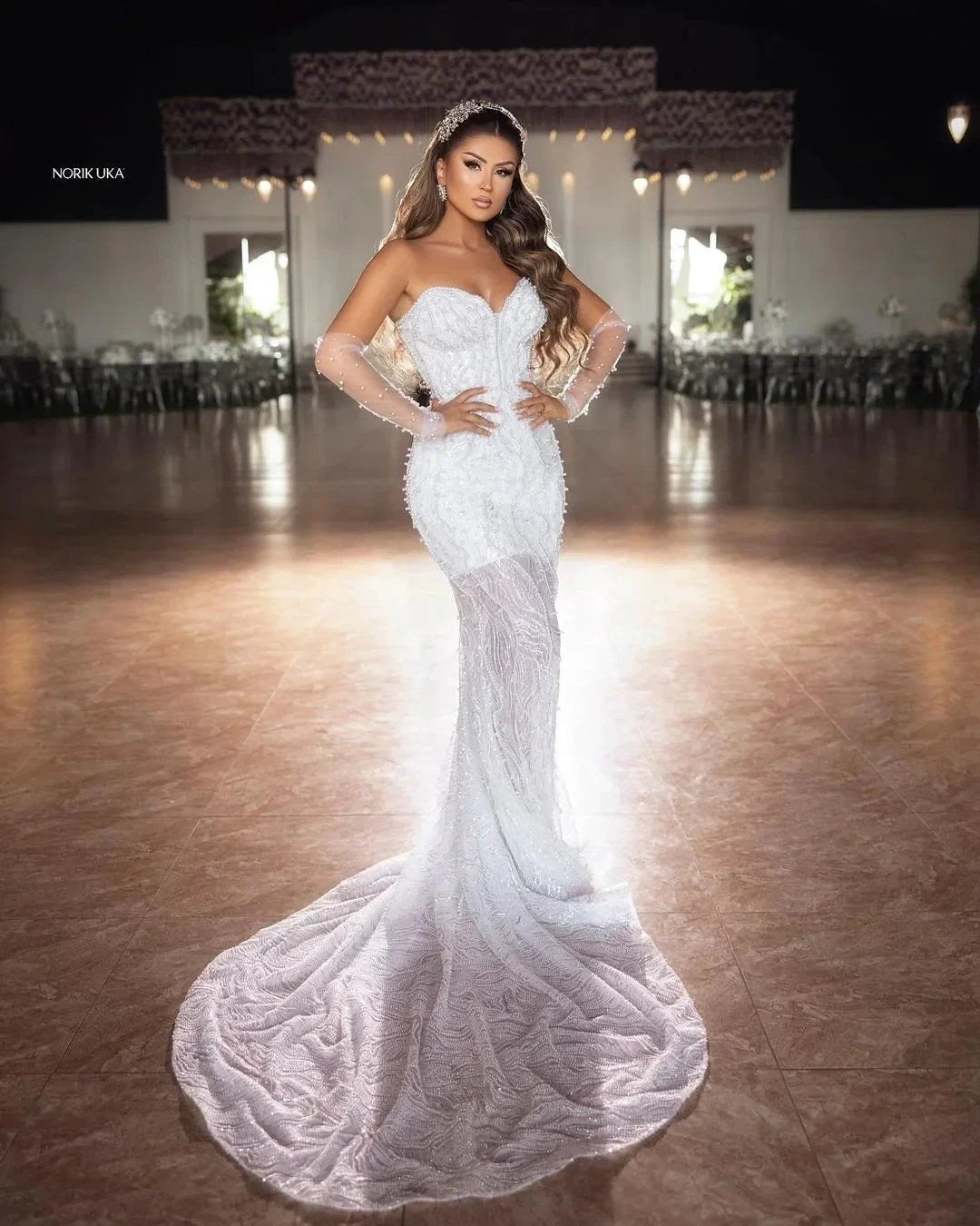 Elegant Floor Length Sweetheart Sleeveless Mermaid Lace Wedding Dress with Beads by misshow.com