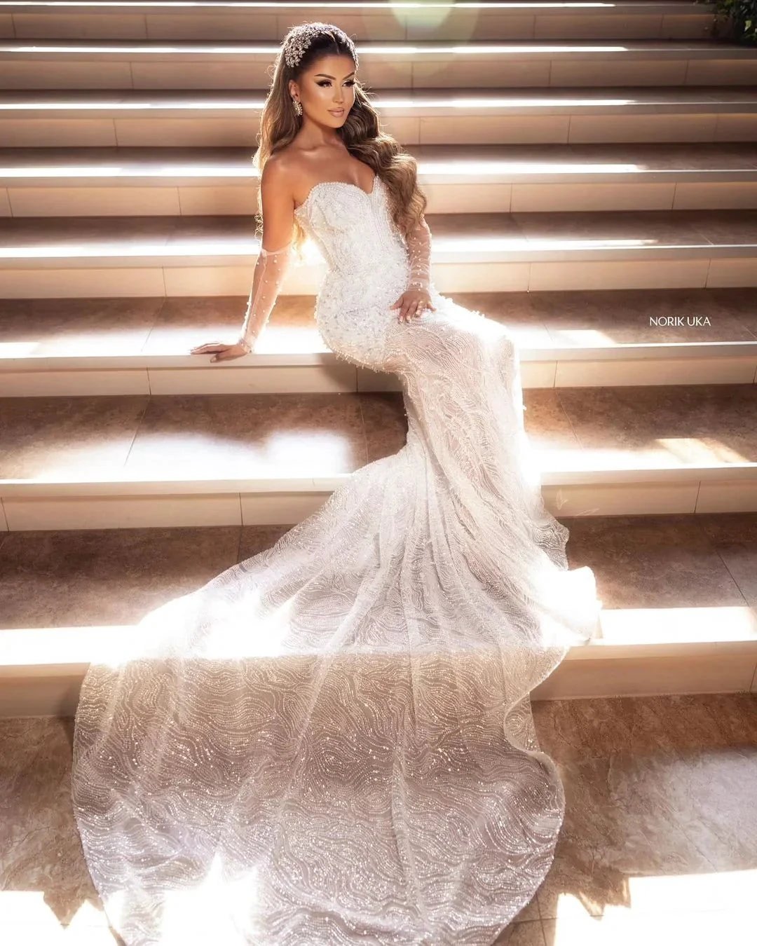 Elegant Floor Length Sweetheart Sleeveless Mermaid Lace Wedding Dress with Beads by misshow.com