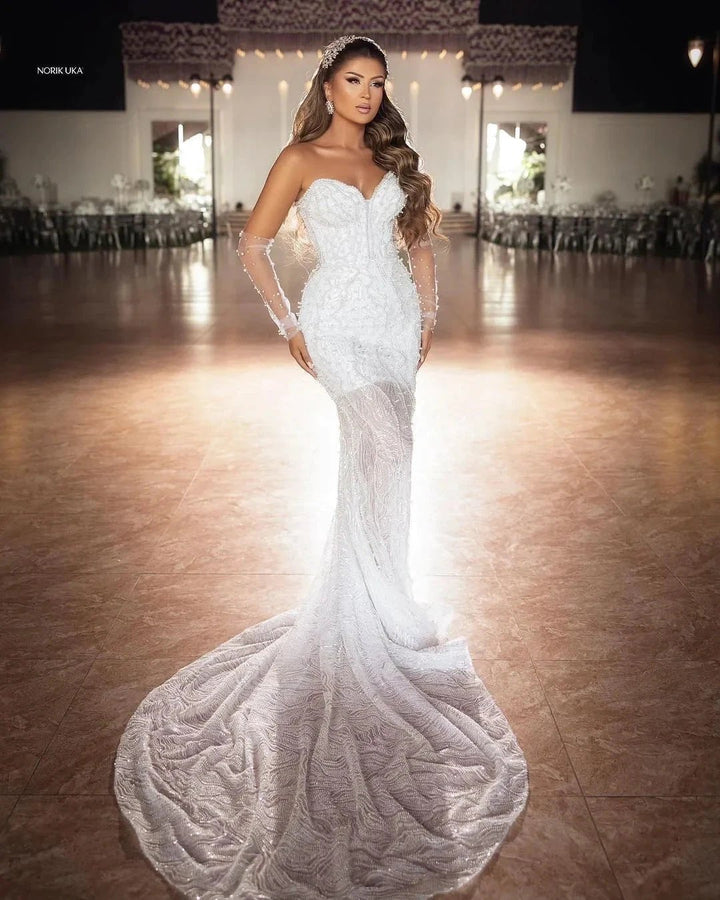 Elegant Floor Length Sweetheart Sleeveless Mermaid Lace Wedding Dress with Beads by misshow.com