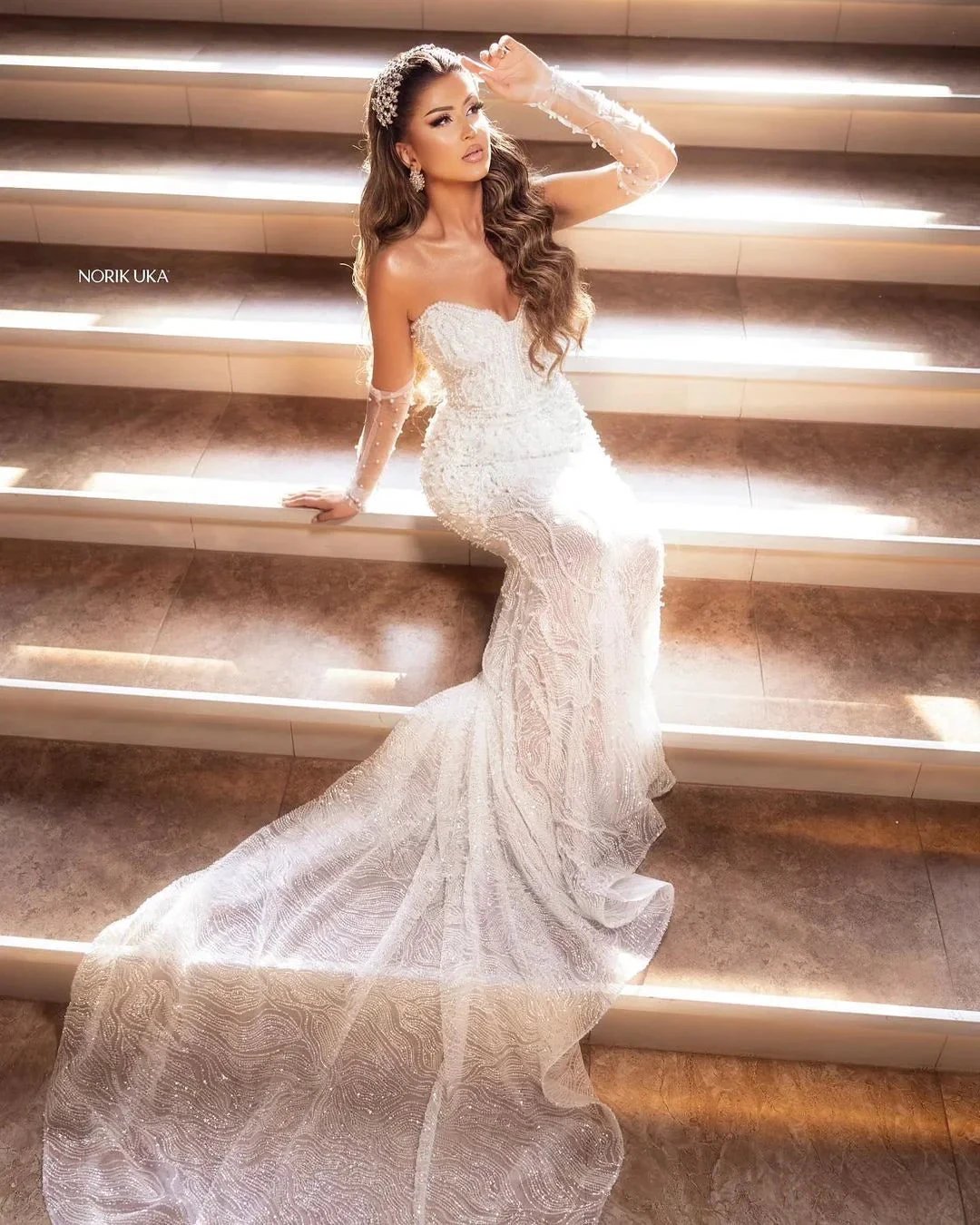 Elegant Floor Length Sweetheart Sleeveless Mermaid Lace Wedding Dress with Beads by misshow.com