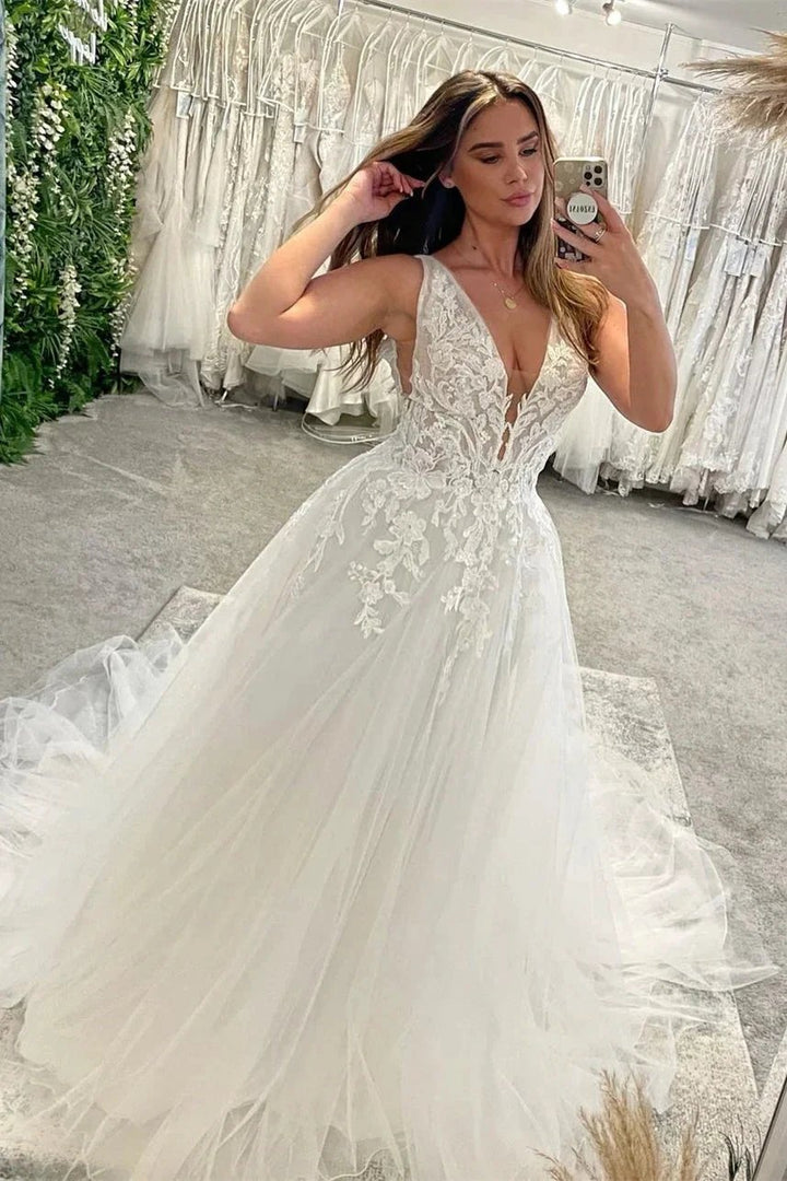 Elegant Floor Length V-Neck Sleeveless A-Line Tulle Wedding Dress with Appliques by misshow.com