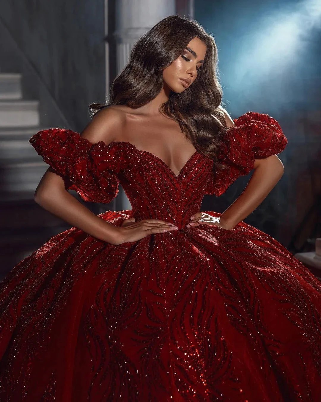 Elegant Floor Length V-Neck Sleeveless Off-The-Shoulder A-Line Sequined Wedding Dress with Ruffles by misshow.com