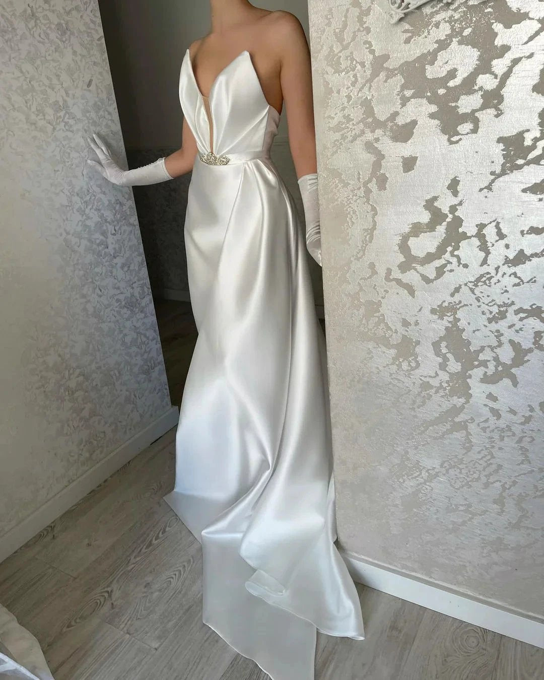 Elegant Floor Length V-neck Sleeveless Satin Prom Dress by misshow.com