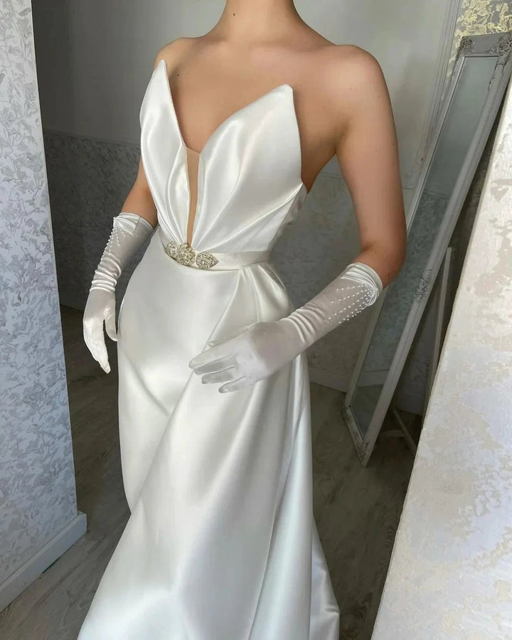 Elegant Floor Length V-neck Sleeveless Satin Prom Dress by misshow.com