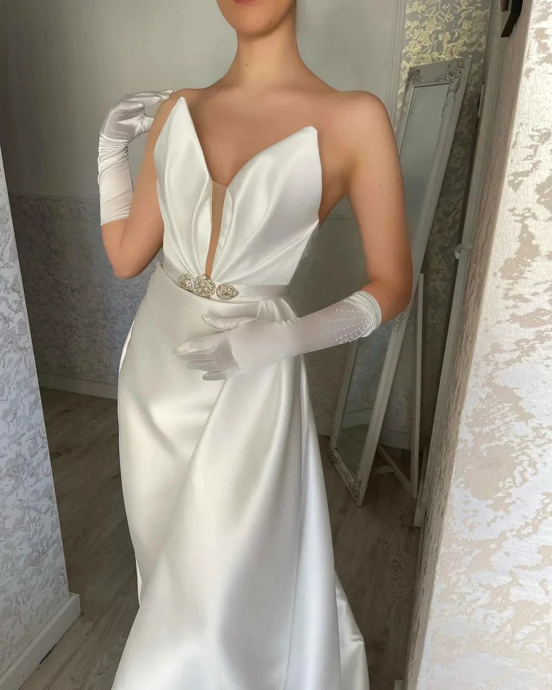 Elegant Floor Length V-neck Sleeveless Satin Prom Dress by misshow.com