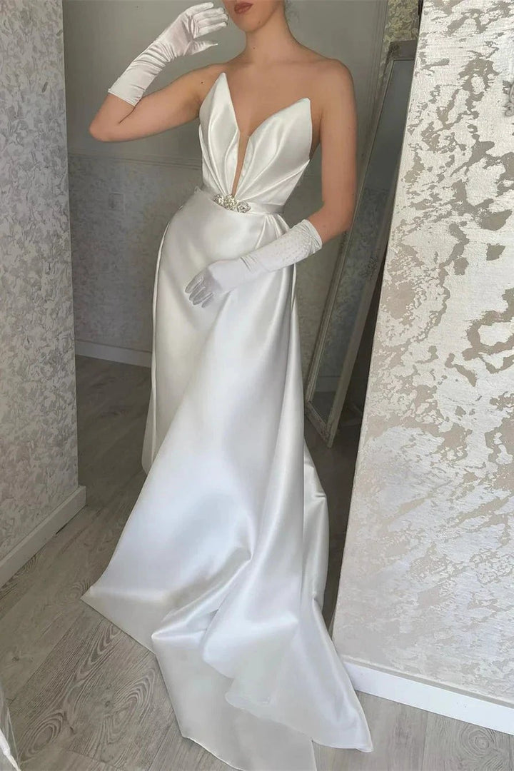 Elegant Floor Length V-neck Sleeveless Satin Prom Dress by misshow.com