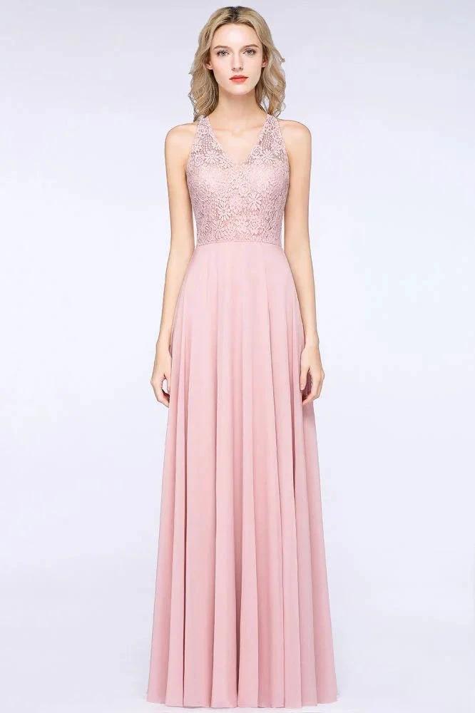 Elegant Floral Appliques aline Bridesmaid Dress Dusty Pink Chiffon FloorLength Formal Dress by misshow.com