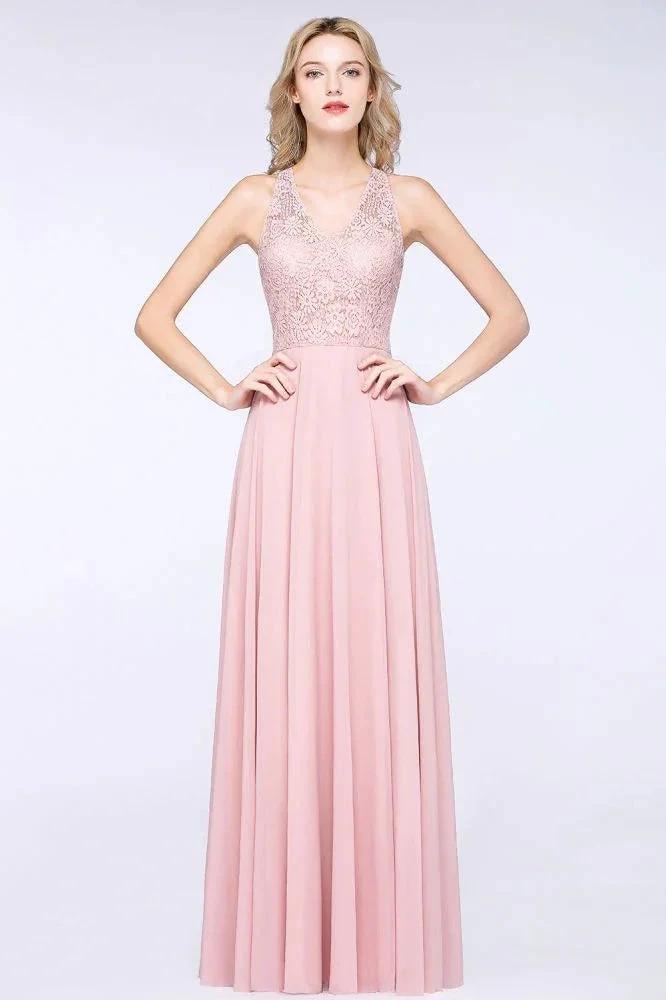 Elegant Floral Appliques aline Bridesmaid Dress Dusty Pink Chiffon FloorLength Formal Dress by misshow.com