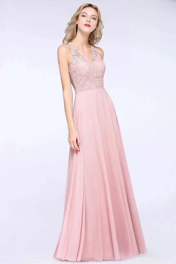 Elegant Floral Appliques aline Bridesmaid Dress Dusty Pink Chiffon FloorLength Formal Dress by misshow.com