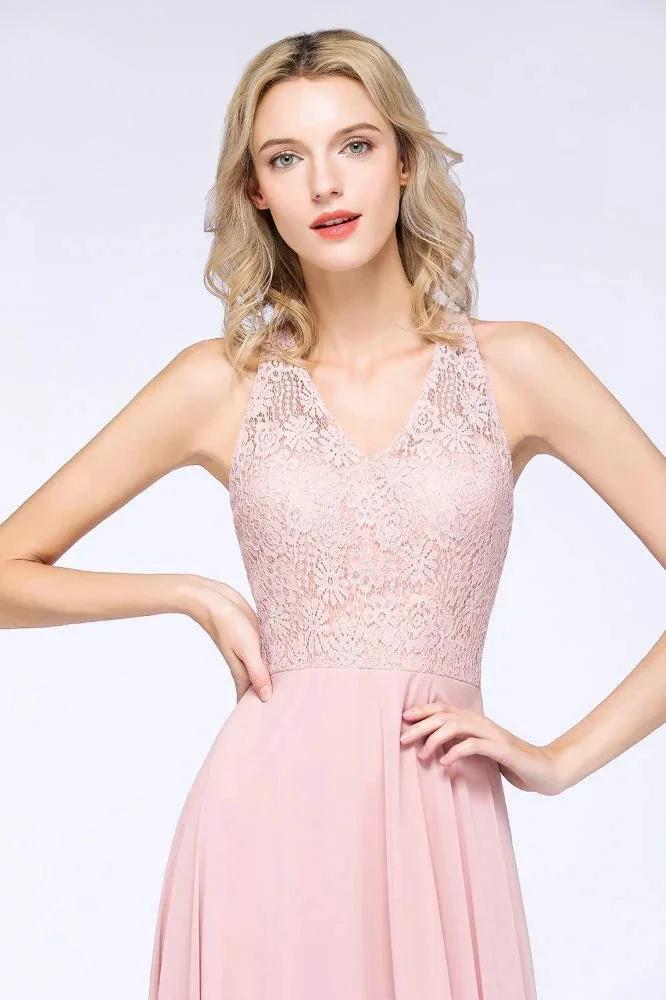 Elegant Floral Appliques aline Bridesmaid Dress Dusty Pink Chiffon FloorLength Formal Dress by misshow.com