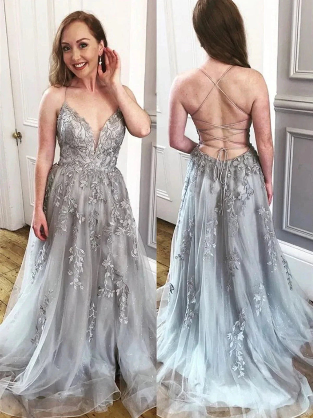 Elegant Gray Long A Line V Neck Tulle Lace Backless Formal Prom Dresses by BIZTUNNEL