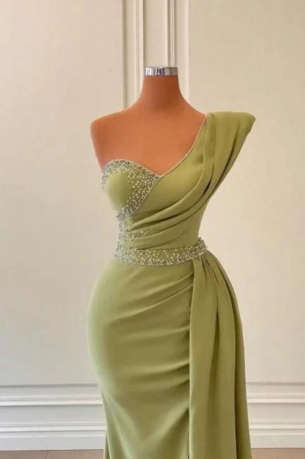 Elegant Green One-shoulder Sleeveless Mermaid Chiffon Prom Dresses with Beadings by misshow.com