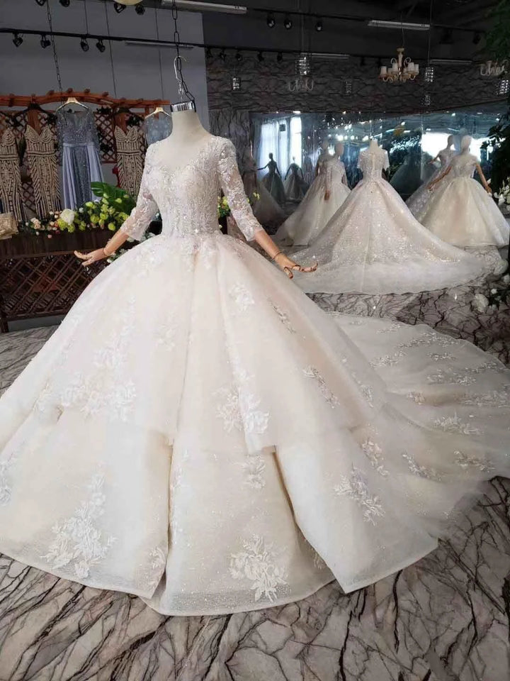Elegant Half Sleeves Ball Gown Lace Layer Wedding Dress WD380 by pgmdress