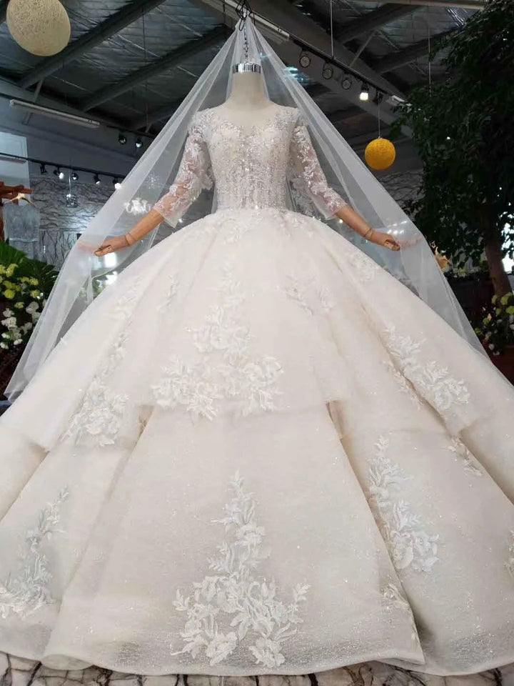 Elegant Half Sleeves Ball Gown Lace Layer Wedding Dress WD380 by pgmdress
