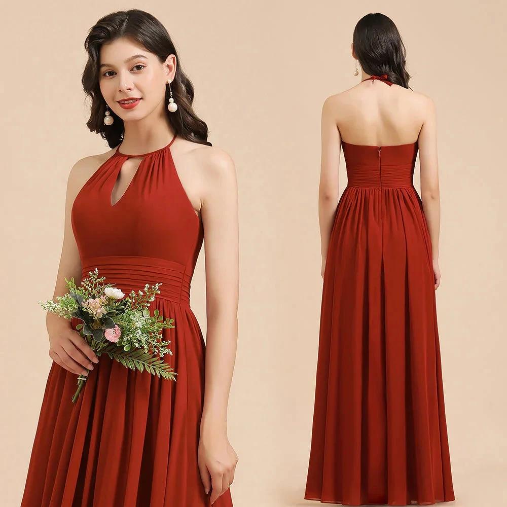Elegant Halter Aline Chiffon Bridesmaid Dress Sleeveless Floor Length Wedding Party Dress by misshow.com