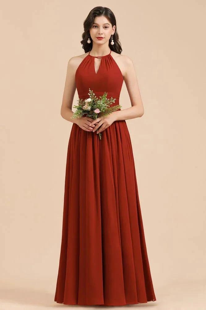 Elegant Halter Aline Chiffon Bridesmaid Dress Sleeveless Floor Length Wedding Party Dress by misshow.com