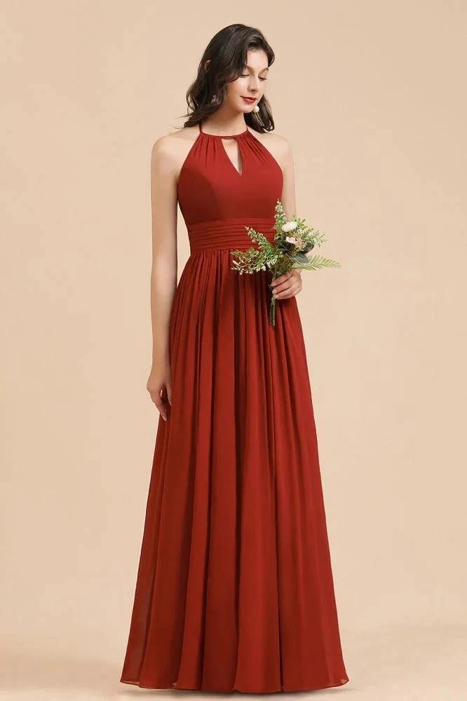 Elegant Halter Aline Chiffon Bridesmaid Dress Sleeveless Floor Length Wedding Party Dress by misshow.com