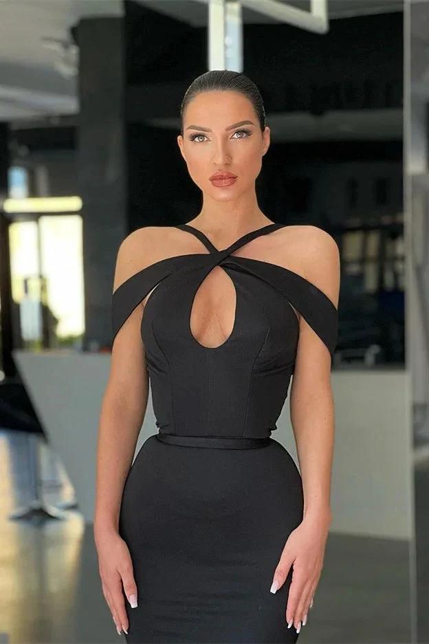 Elegant Halter Black Off-the-shoulder Tulle Satin Mermaid Prom Dresses by misshow.com