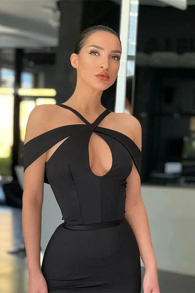 Elegant Halter Black Off-the-shoulder Tulle Satin Mermaid Prom Dresses by misshow.com