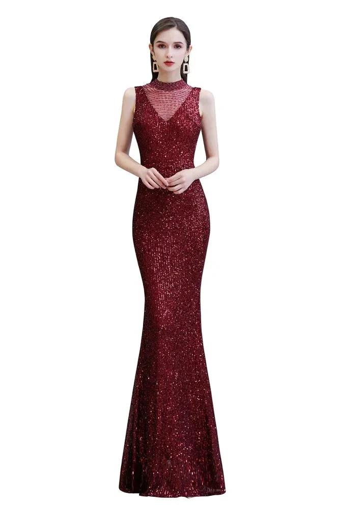 Elegant Illusion Neck Burgundy Sleeveless Mermaid Prom Dress by misshow.com
