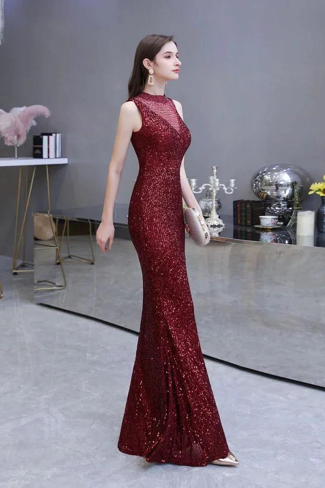 Elegant Illusion Neck Burgundy Sleeveless Mermaid Prom Dress by misshow.com