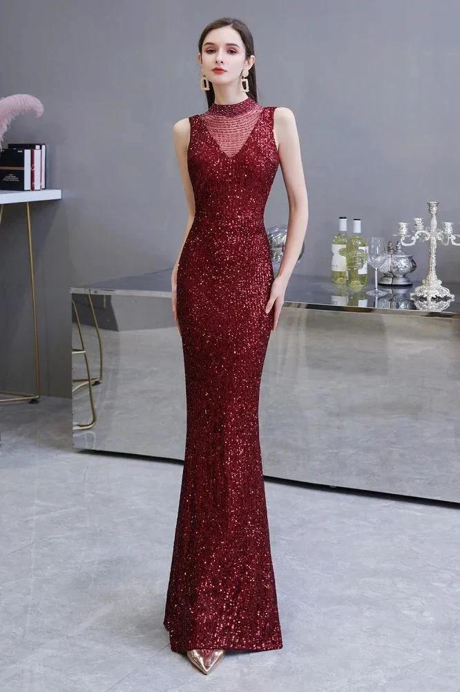 Elegant Illusion Neck Burgundy Sleeveless Mermaid Prom Dress by misshow.com