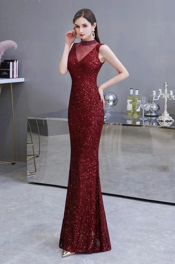 Elegant Illusion Neck Burgundy Sleeveless Mermaid Prom Dress by misshow.com