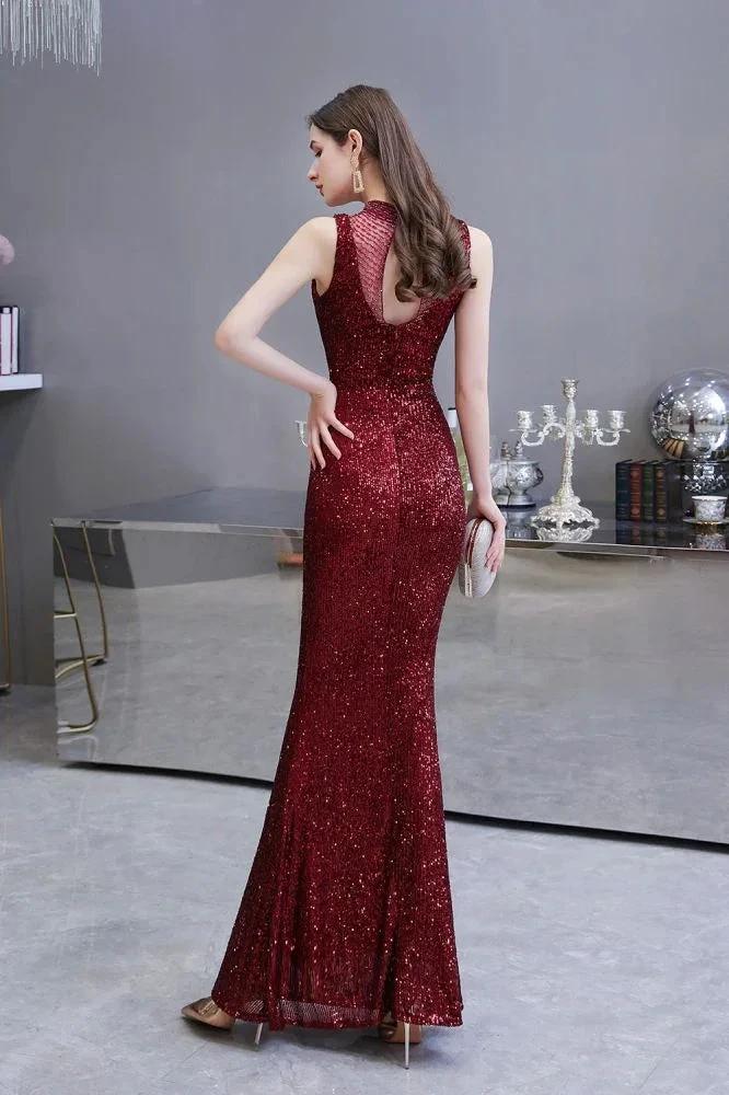 Elegant Illusion Neck Burgundy Sleeveless Mermaid Prom Dress by misshow.com