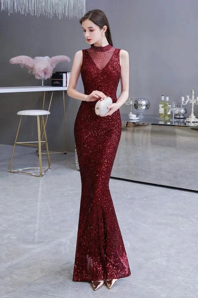 Elegant Illusion Neck Burgundy Sleeveless Mermaid Prom Dress by misshow.com