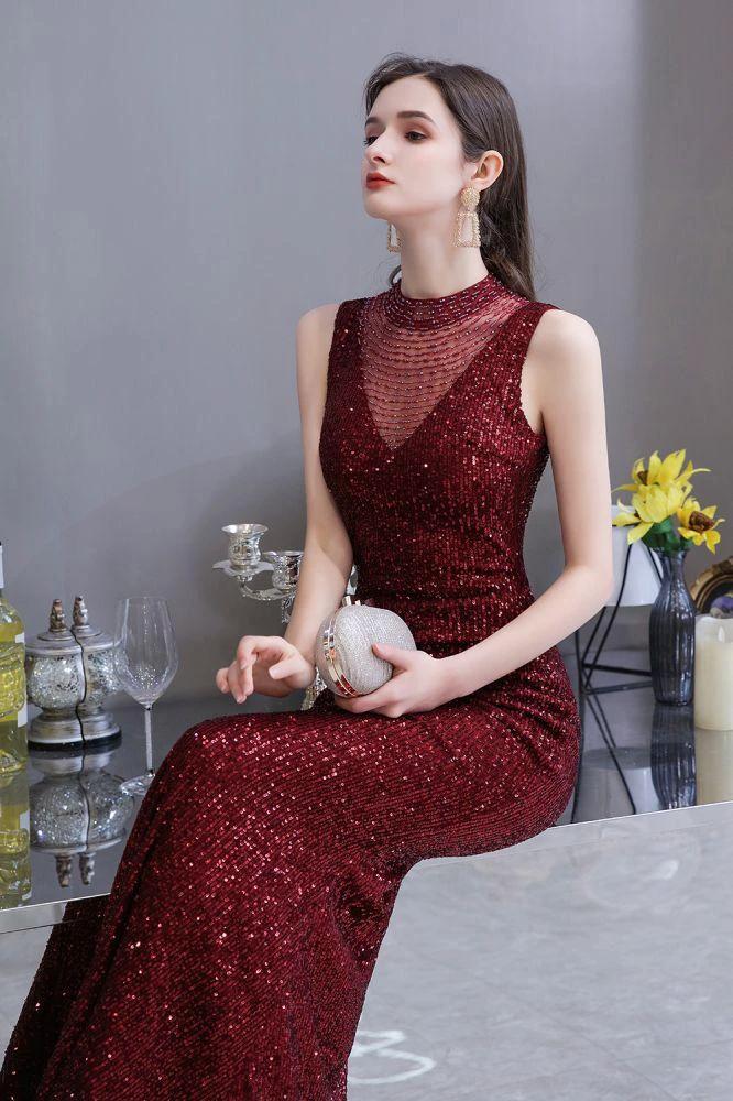 Elegant Illusion Neck Burgundy Sleeveless Mermaid Prom Dress by misshow.com