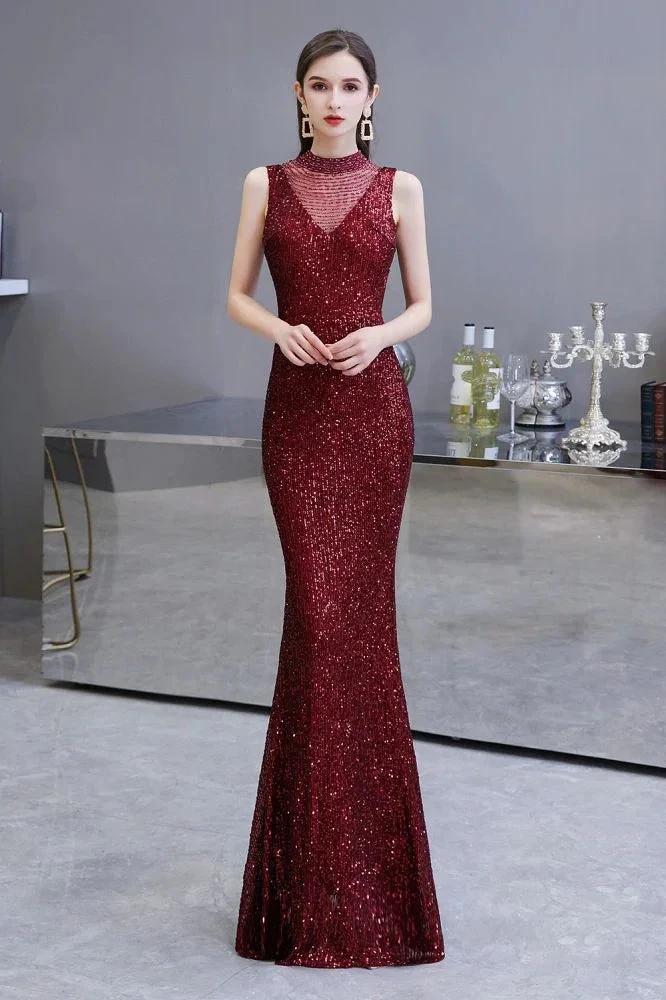 Elegant Illusion Neck Burgundy Sleeveless Mermaid Prom Dress by misshow.com