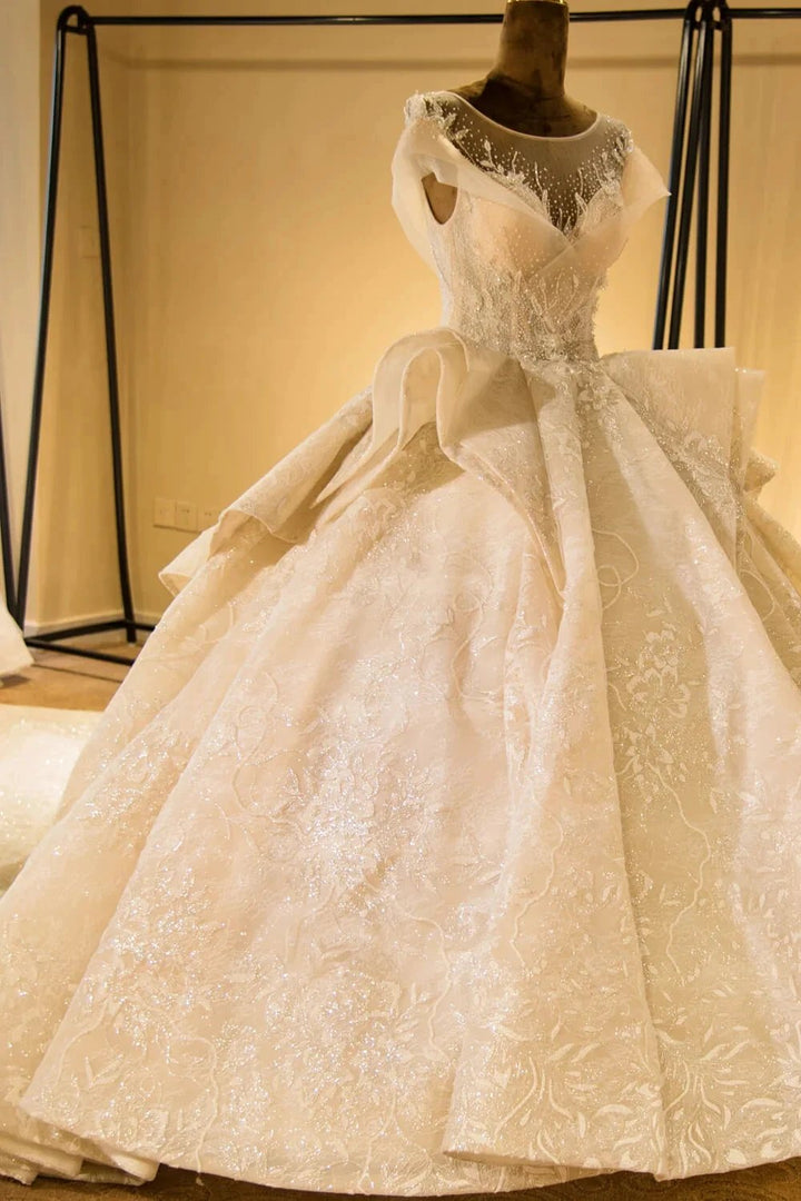 Elegant Illusion neck Cap Sleeve Appliques Tulle A-line Princess Wedding Dress by misshow.com