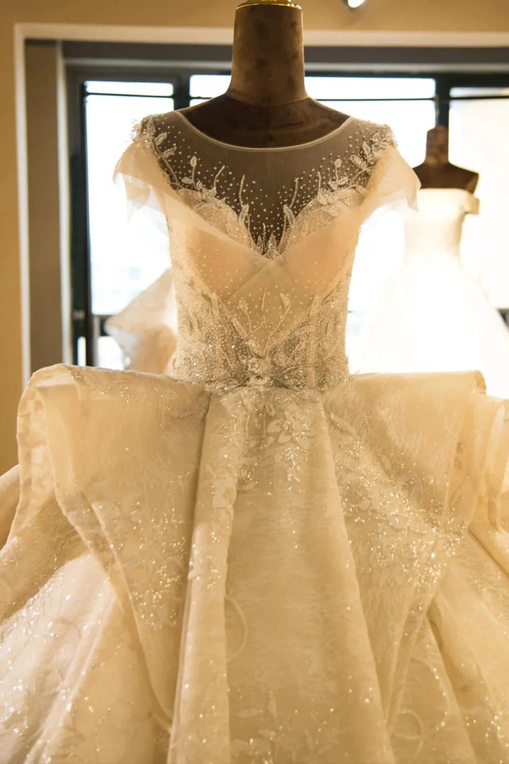 Elegant Illusion neck Cap Sleeve Appliques Tulle A-line Princess Wedding Dress by misshow.com