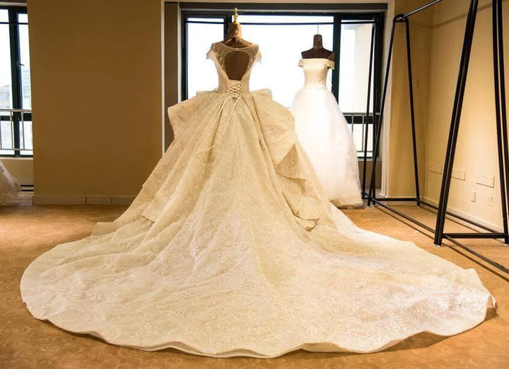 Elegant Illusion neck Cap Sleeve Appliques Tulle A-line Princess Wedding Dress by misshow.com