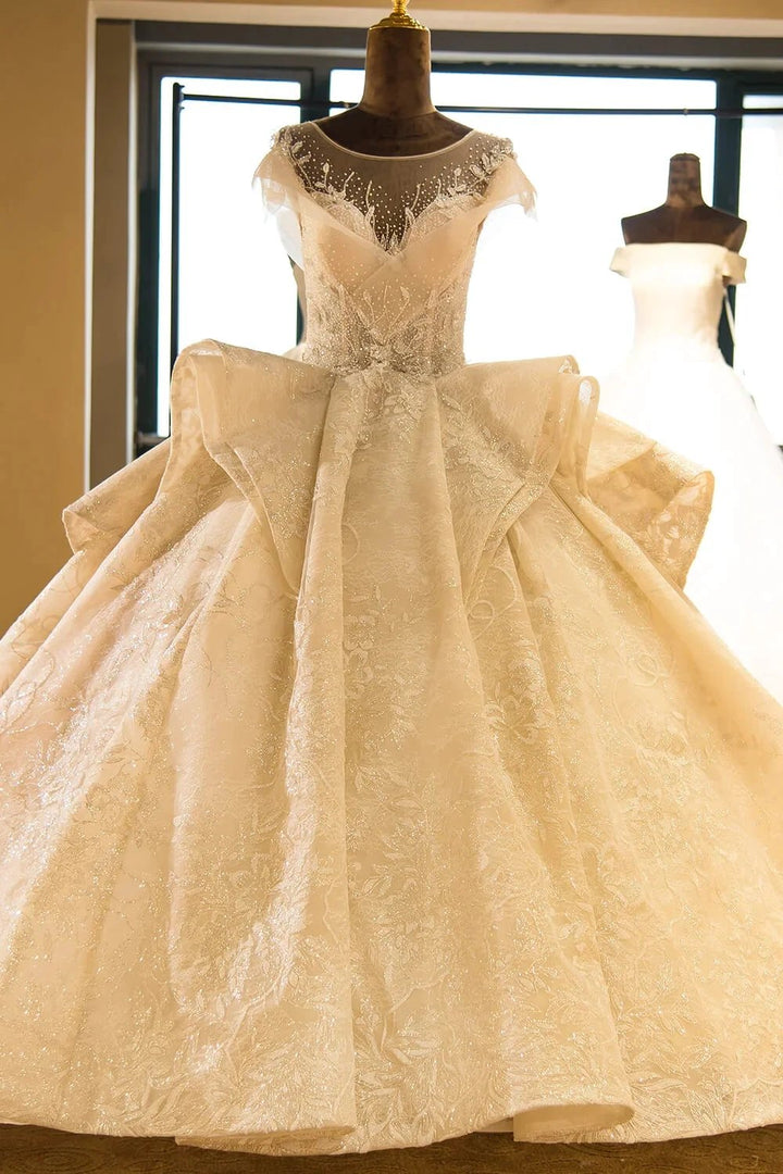 Elegant Illusion neck Cap Sleeve Appliques Tulle A-line Princess Wedding Dress by misshow.com