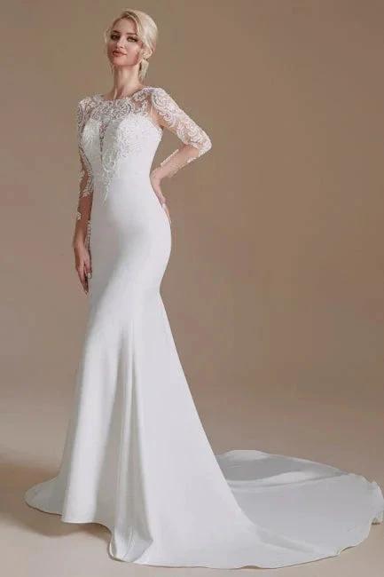 Elegant Jewel Long-Sleeve Mermaid Floor-Length Satin Wedding Dresses with Pattern by misshow.com